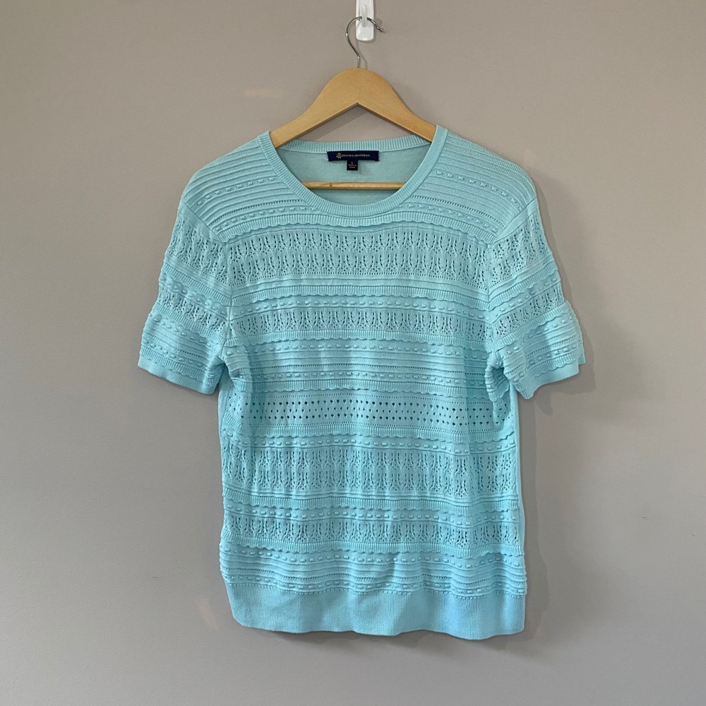 Brooks Brothers Womens Blue Cotton Pointelle Textured Short Sleeve Sweater L